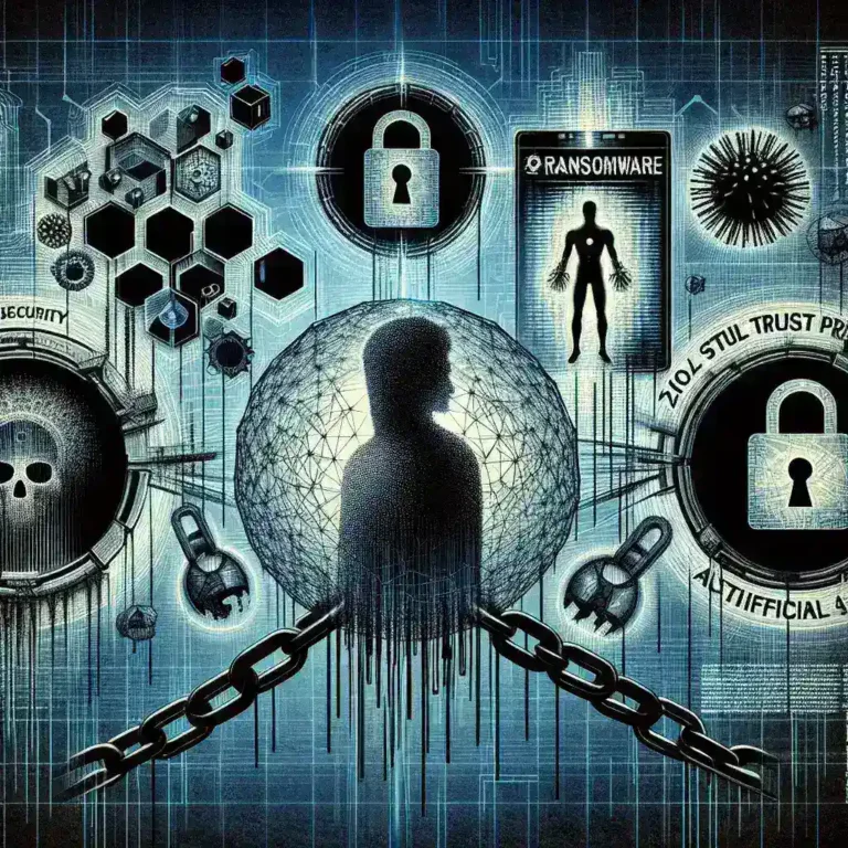 "Infografis tentang tren keamanan siber di Indonesia, menampilkan konsep ransomware, Zero Trust, serangan rantai pasokan, dan kecerdasan buatan generatif (Gen AI)."