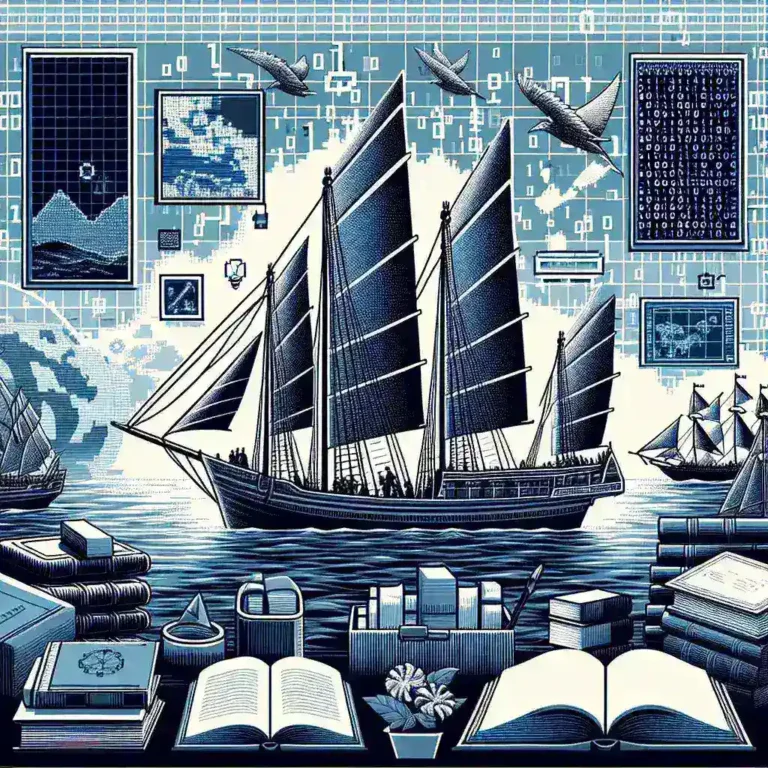 "Pelajar menggunakan platform edukasi interaktif tentang sejarah maritim Indonesia, menampilkan peta interaktif dan konten multimedia yang mendidik."